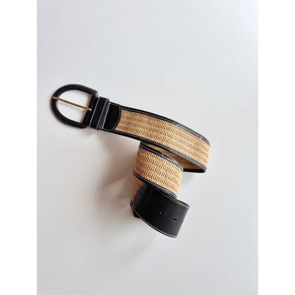 STEFANEL Black Leather Tan Raffia Wide Belt, Size 3 - Picture 2 of 11